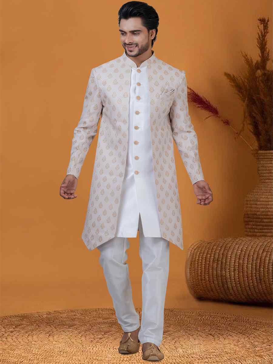 Cream Jacquard Silk Woven Groom Wedding Sherwani