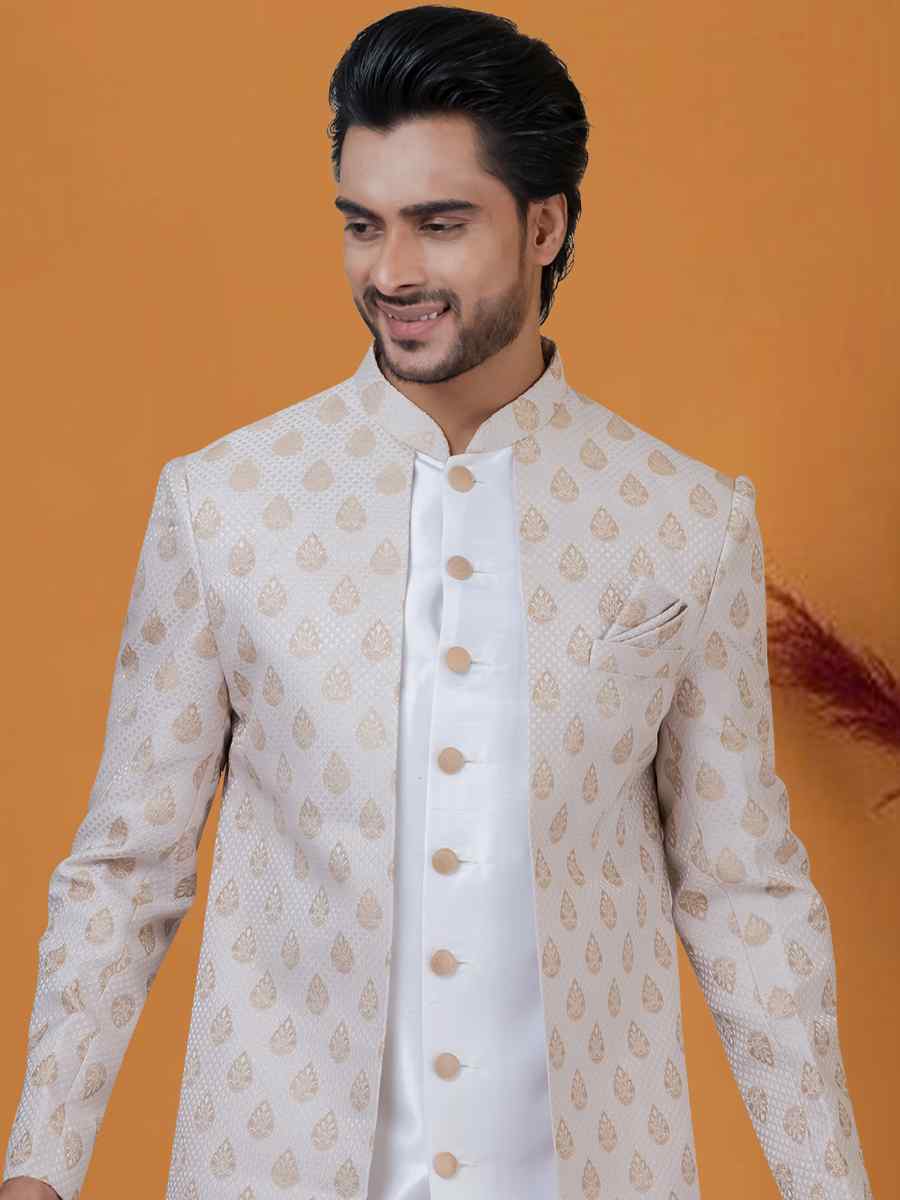 Cream Jacquard Silk Woven Groom Wedding Sherwani