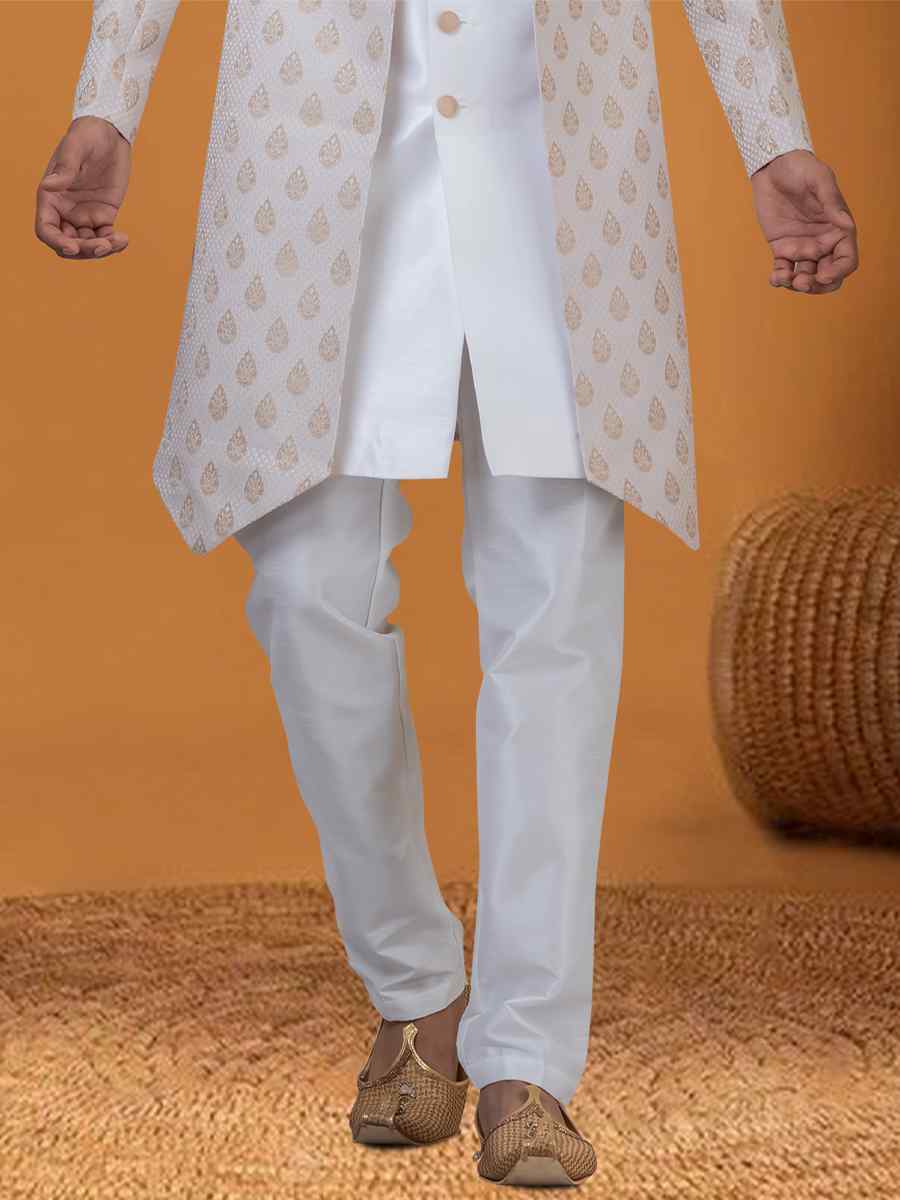 Cream Jacquard Silk Woven Groom Wedding Sherwani