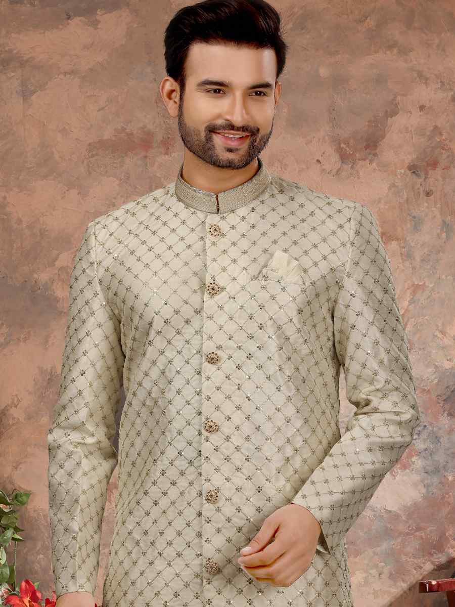 Cream Jacquard Woven Festival Wedding Sherwani