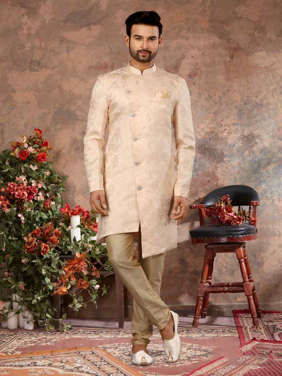 Cream Jacquard Woven Festival Wedding Sherwani