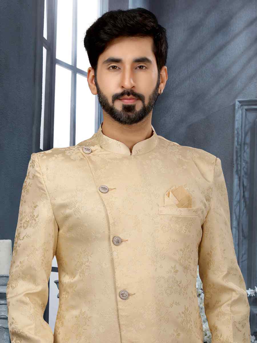 Cream Jacquard Woven Festival Wedding Sherwani