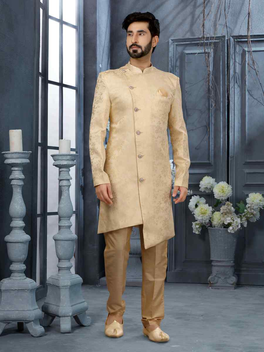 Cream Jacquard Woven Festival Wedding Sherwani
