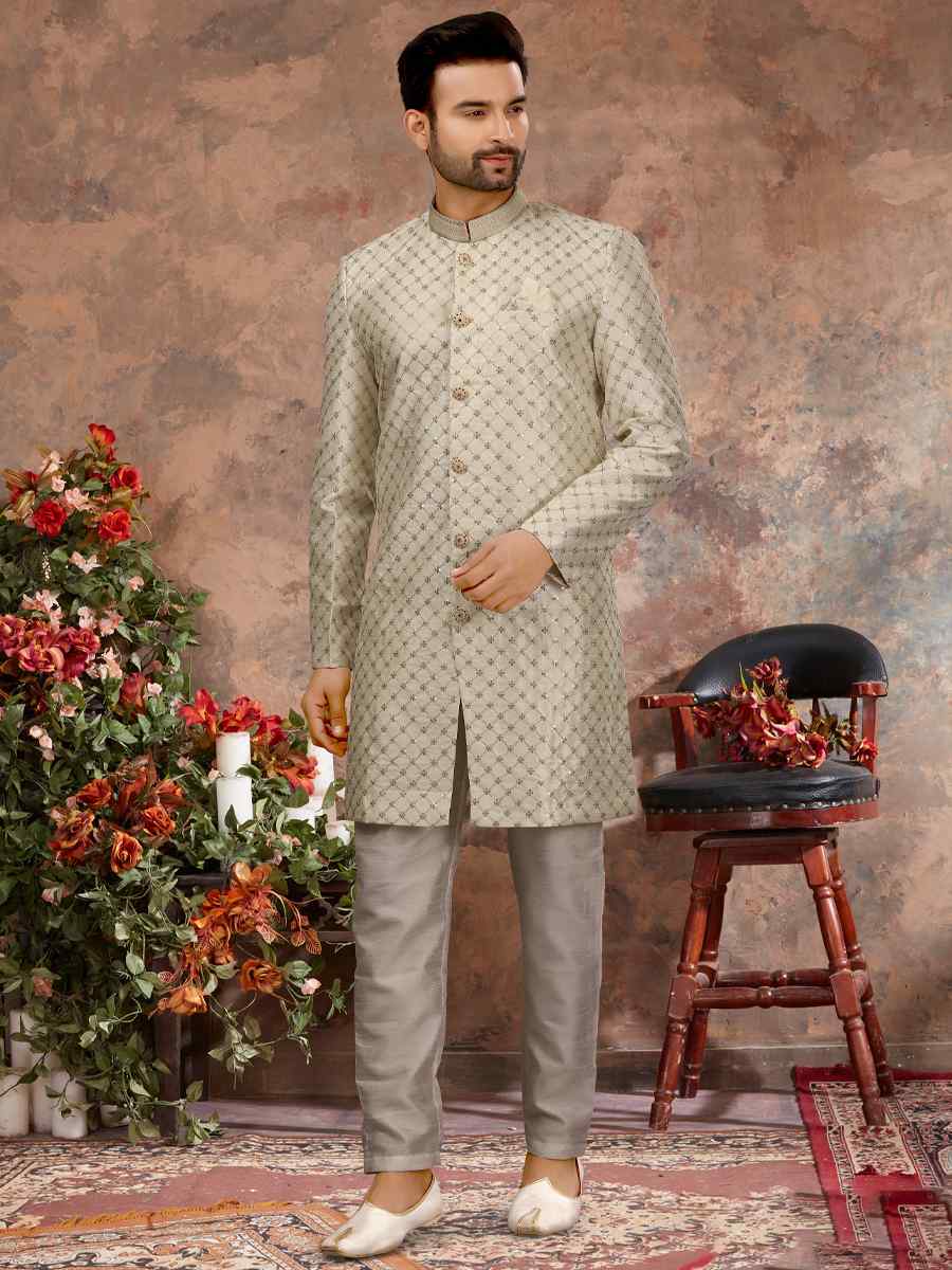 Cream Jacquard Woven Festival Wedding Sherwani