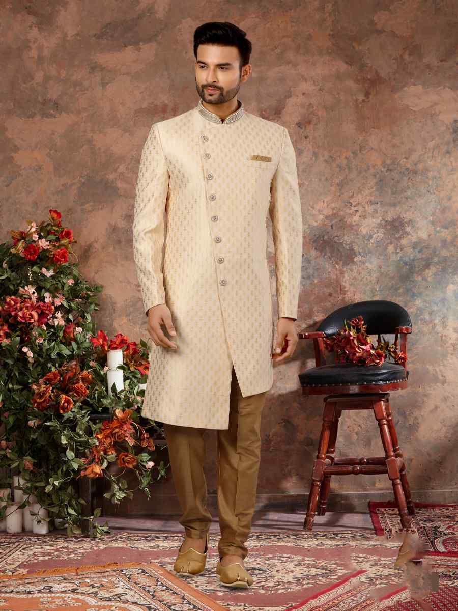 Cream Jacquard Woven Festival Wedding Sherwani