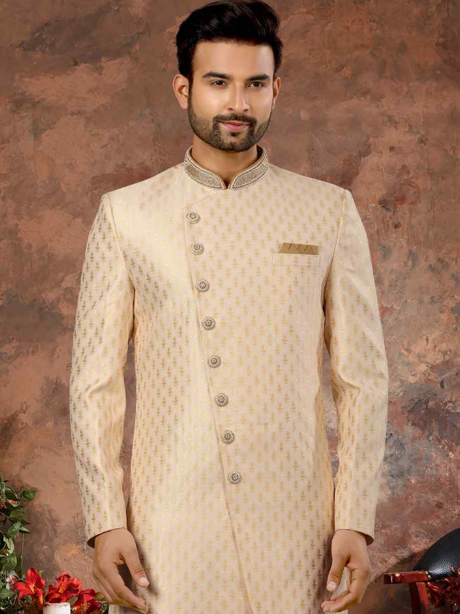 Cream Jacquard Woven Festival Wedding Sherwani