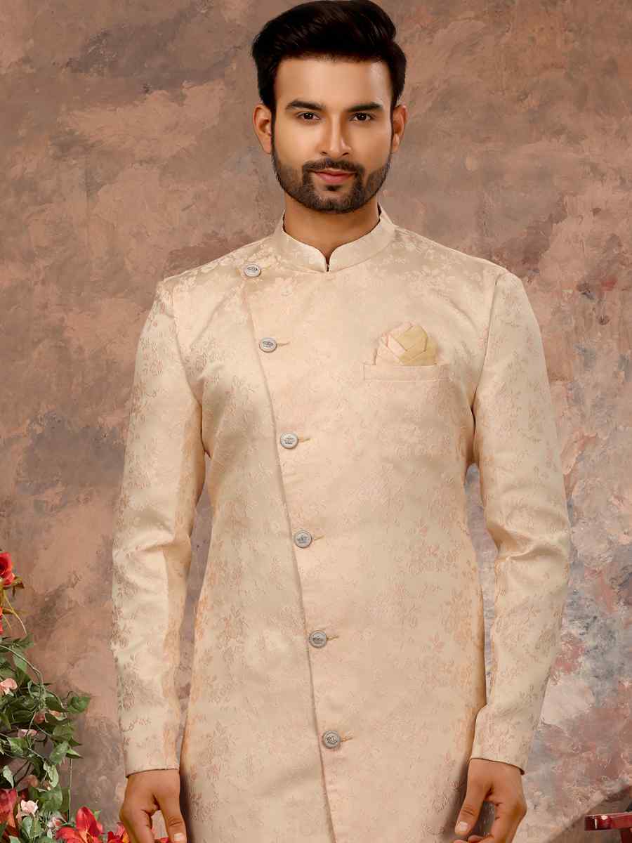 Cream Jacquard Woven Festival Wedding Sherwani