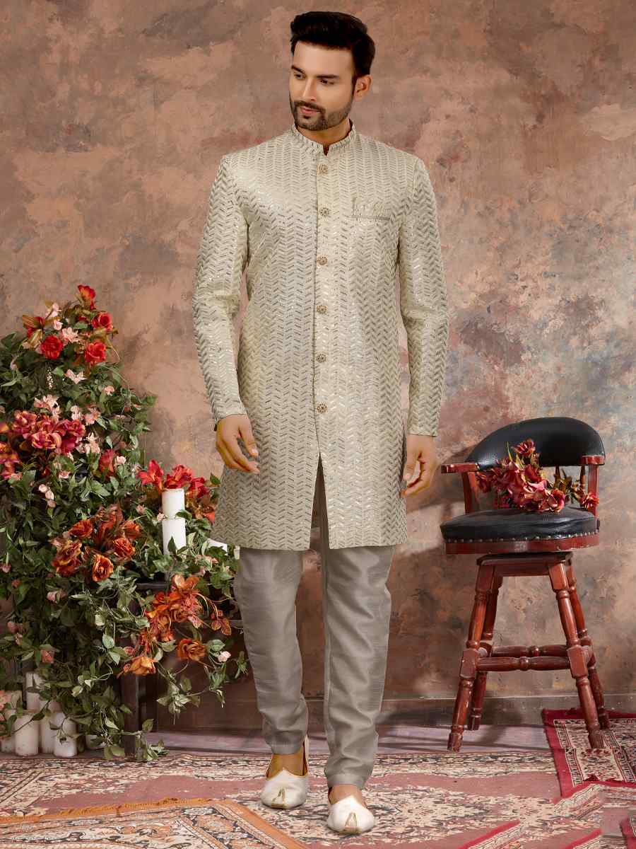 Cream Jacquard Woven Festival Wedding Sherwani