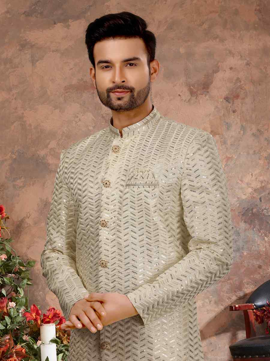 Cream Jacquard Woven Festival Wedding Sherwani