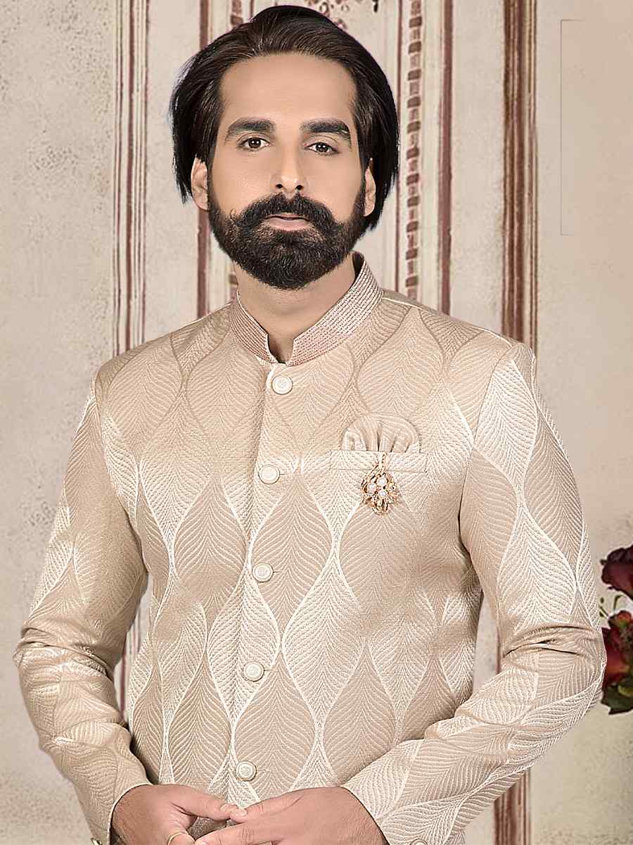 Cream Jacquard Woven Festival Wedding Sherwani Kurta