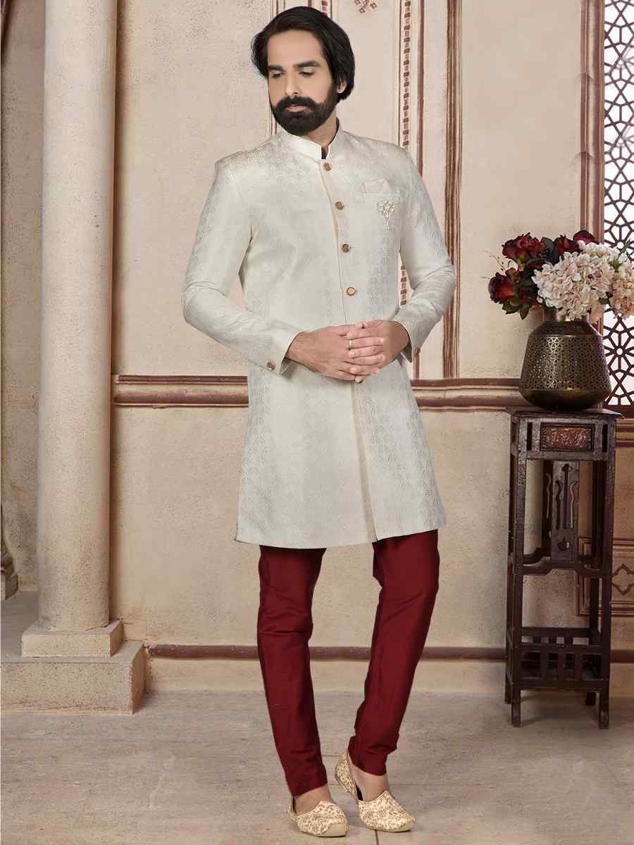 Cream Jacquard Woven Festival Wedding Sherwani Kurta