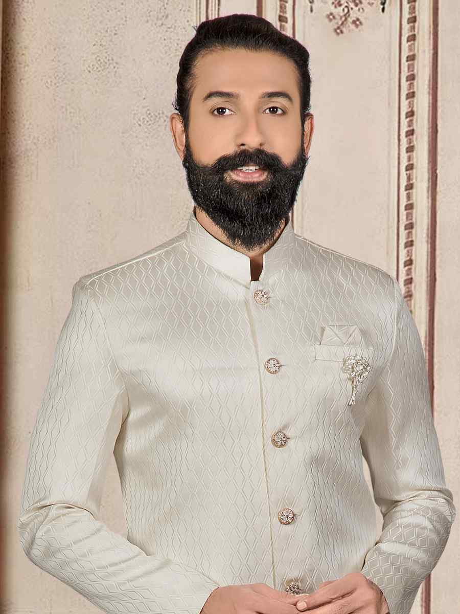 Cream Jacquard Woven Festival Wedding Sherwani Kurta