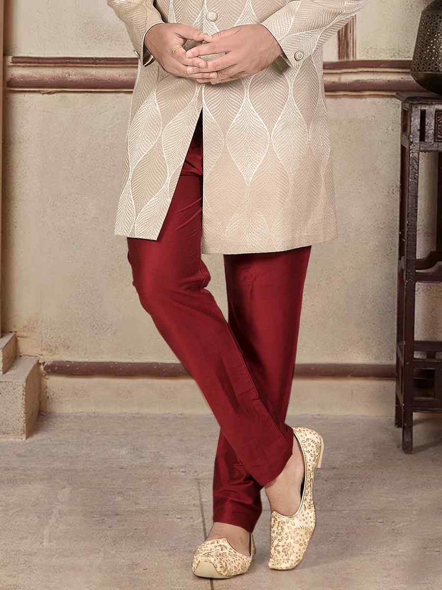 Cream Jacquard Woven Festival Wedding Sherwani Kurta