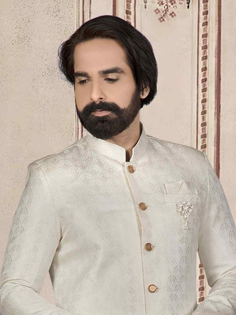 Cream Jacquard Woven Festival Wedding Sherwani Kurta
