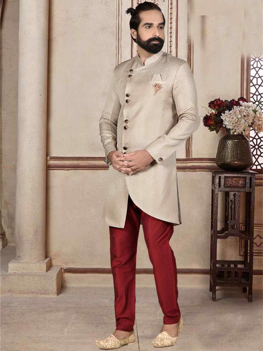 Cream Jacquard Woven Festival Wedding Sherwani Kurta