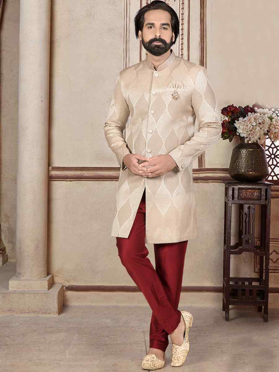 Cream Jacquard Woven Festival Wedding Sherwani Kurta
