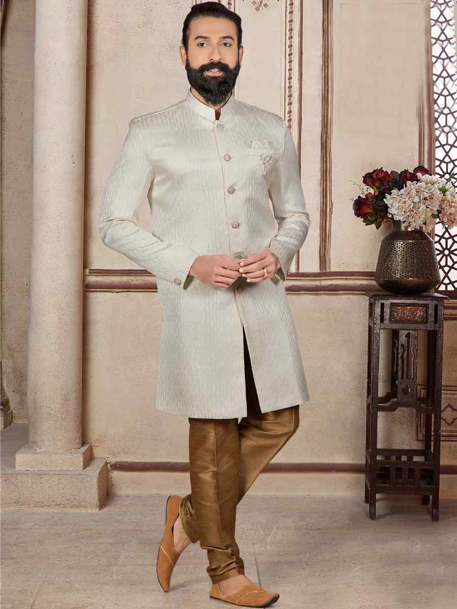 Cream Jacquard Woven Festival Wedding Sherwani Kurta