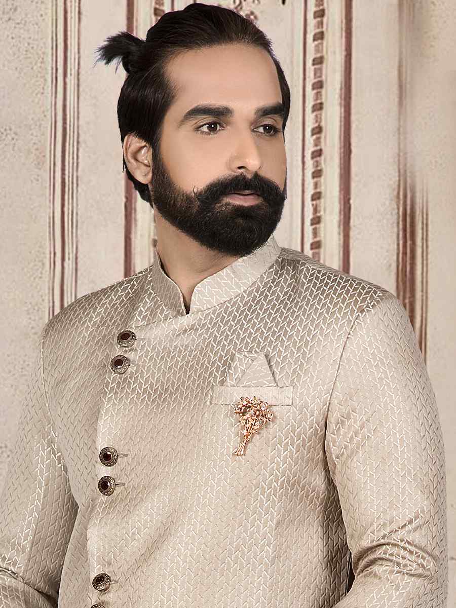 Cream Jacquard Woven Festival Wedding Sherwani Kurta