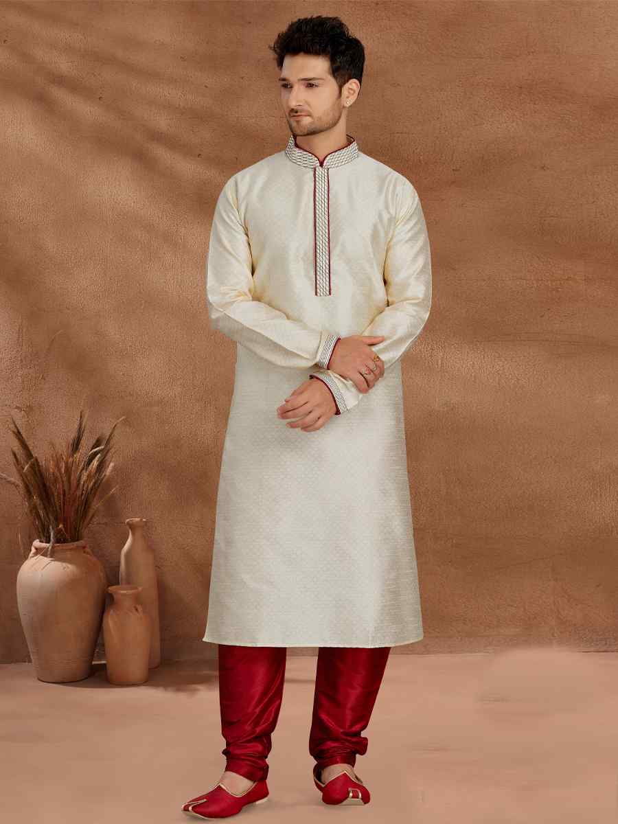 Cream Jacquard Woven Party Wedding Kurta