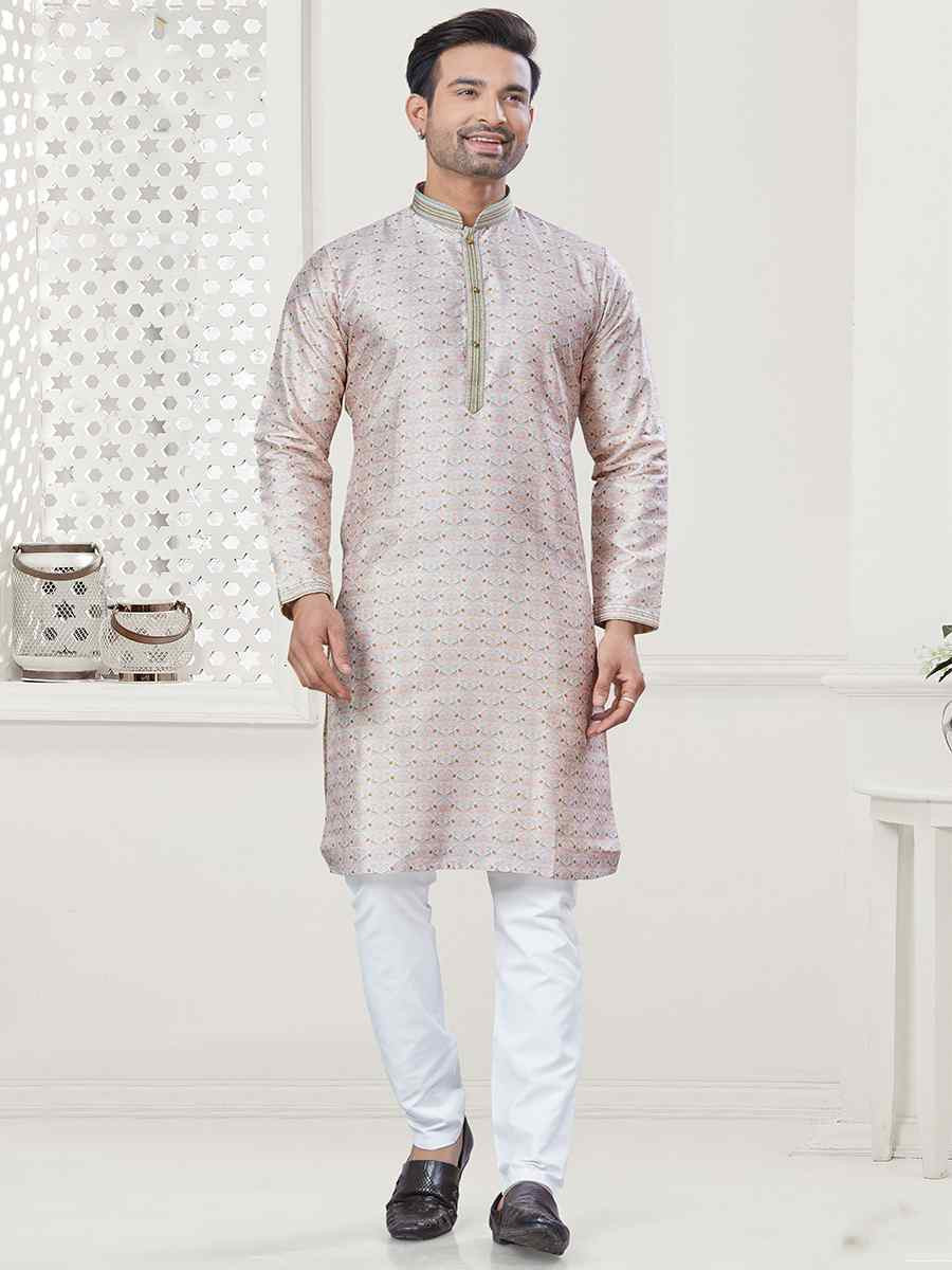 Cream Jecquard Silk With Digital Print Festival Casual Kurta