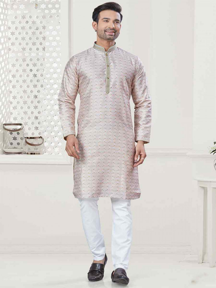 Cream Jecquard Silk With Digital Print Festival Casual Kurta