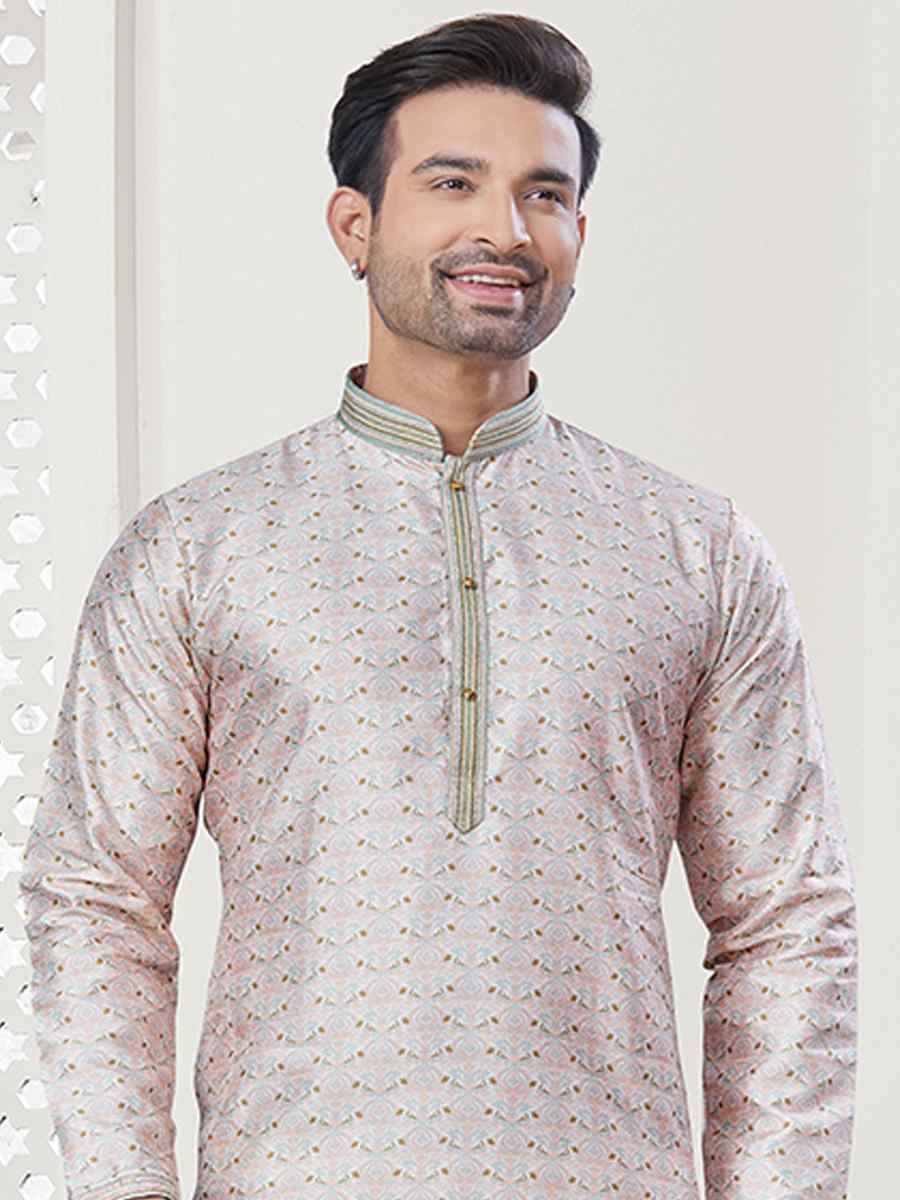 Cream Jecquard Silk With Digital Print Festival Casual Kurta
