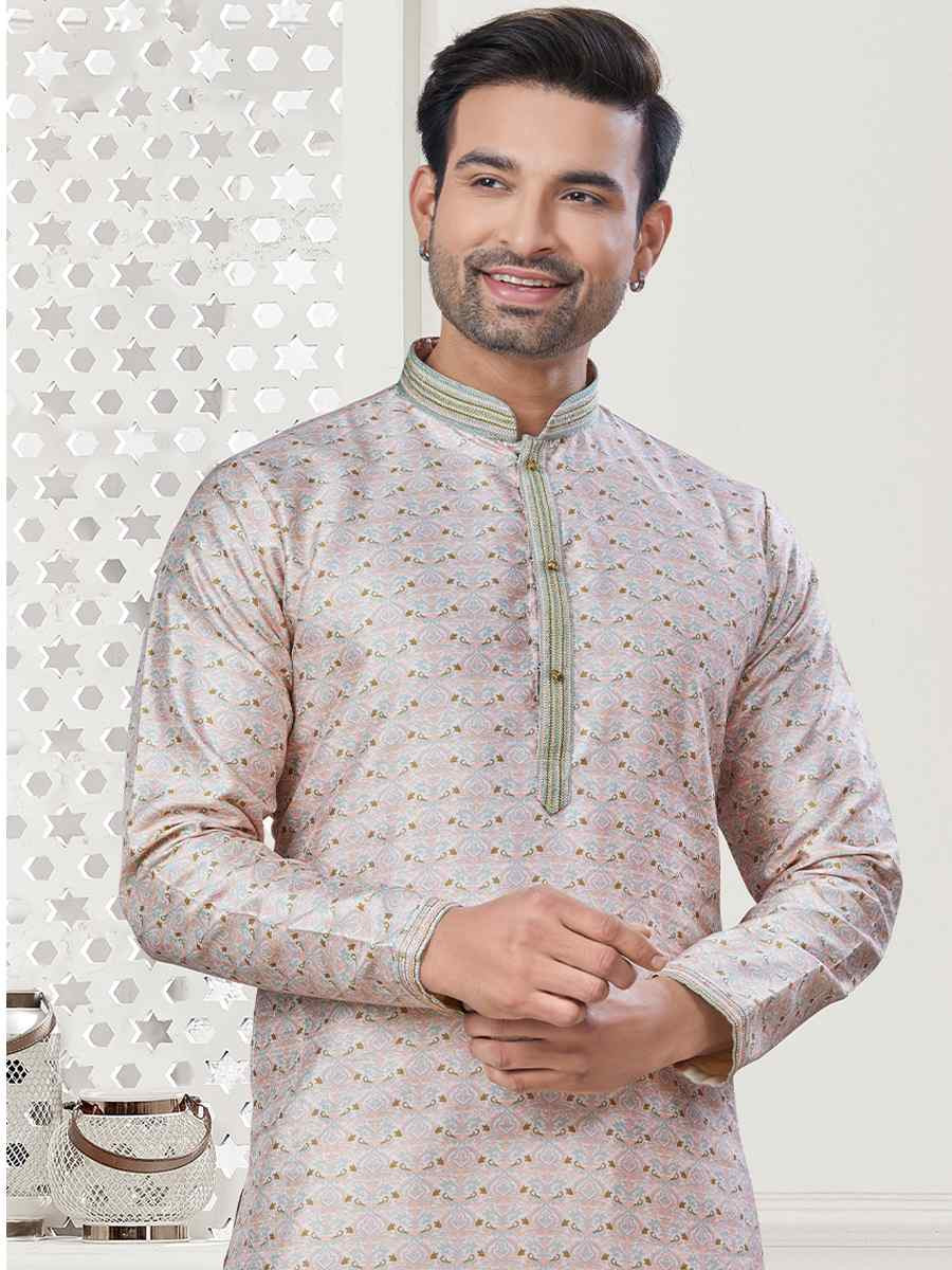 Cream Jecquard Silk With Digital Print Festival Casual Kurta