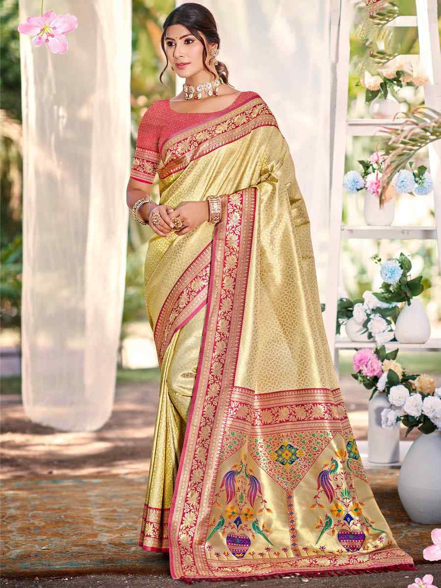 Cream Kanjivaram Silk Handwoven Traditional Bridal Reception Festival Wedding Fancy Heavy Border Saree
