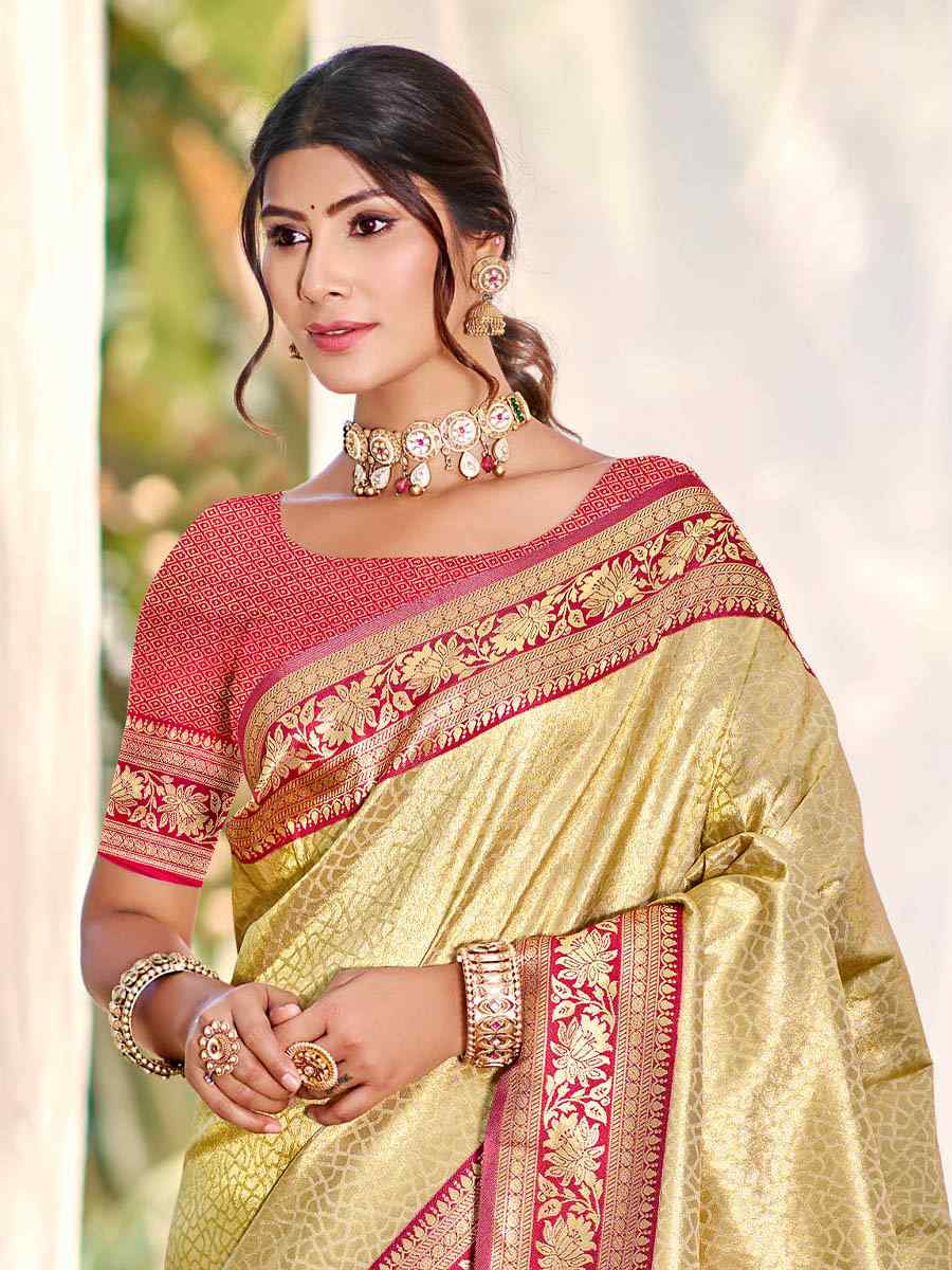 Cream Kanjivaram Silk Handwoven Traditional Bridal Reception Festival Wedding Fancy Heavy Border Saree