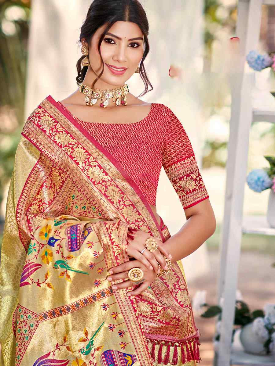 Cream Kanjivaram Silk Handwoven Traditional Bridal Reception Festival Wedding Fancy Heavy Border Saree