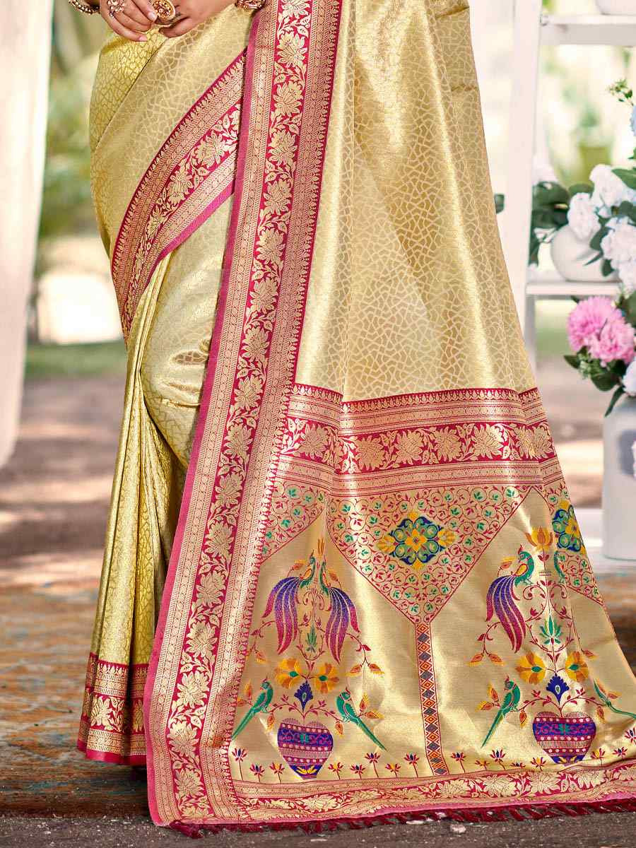 Cream Kanjivaram Silk Handwoven Traditional Bridal Reception Festival Wedding Fancy Heavy Border Saree