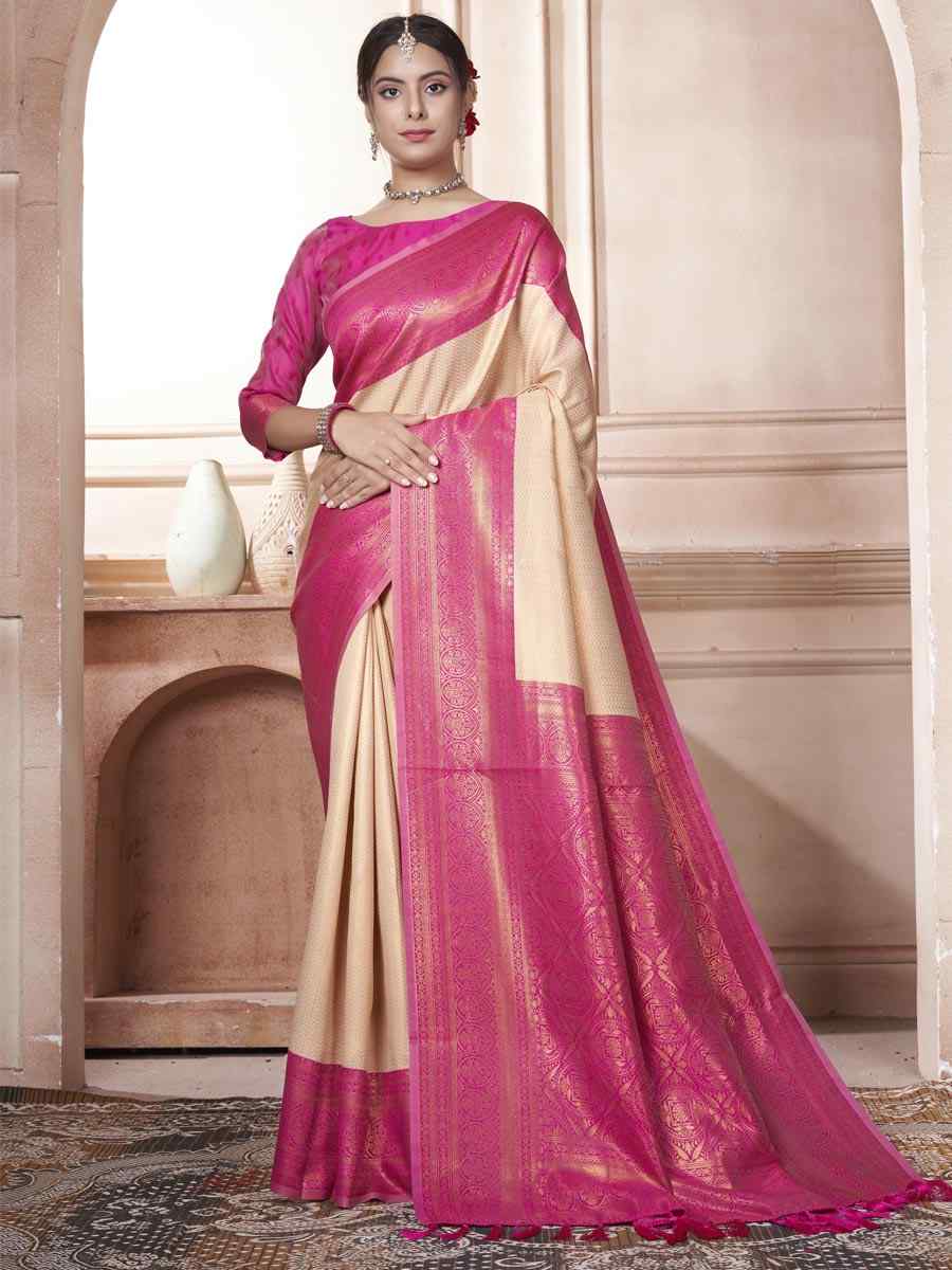 Cream Kanjivaram Silk Handwoven Wedding Festival Heavy Border Saree