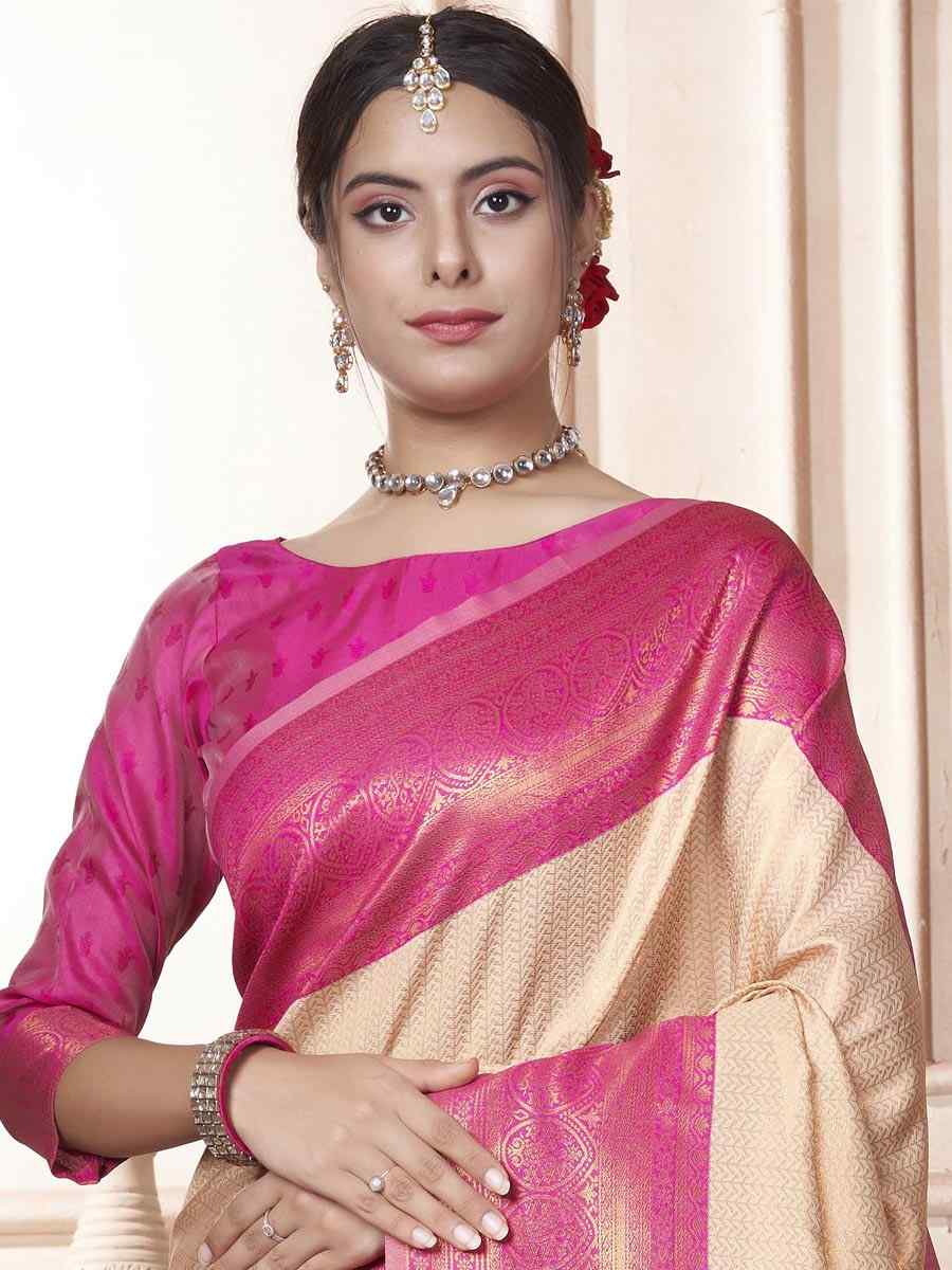 Cream Kanjivaram Silk Handwoven Wedding Festival Heavy Border Saree