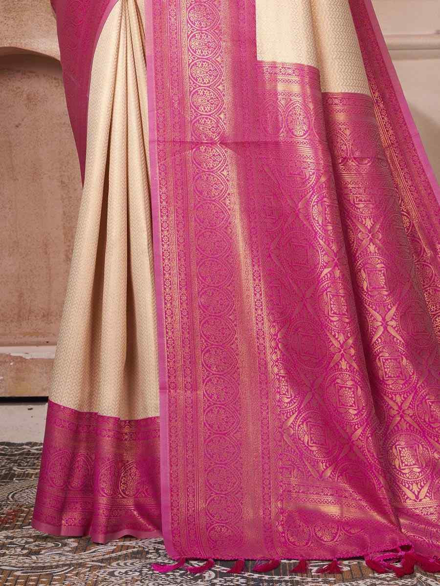 Cream Kanjivaram Silk Handwoven Wedding Festival Heavy Border Saree
