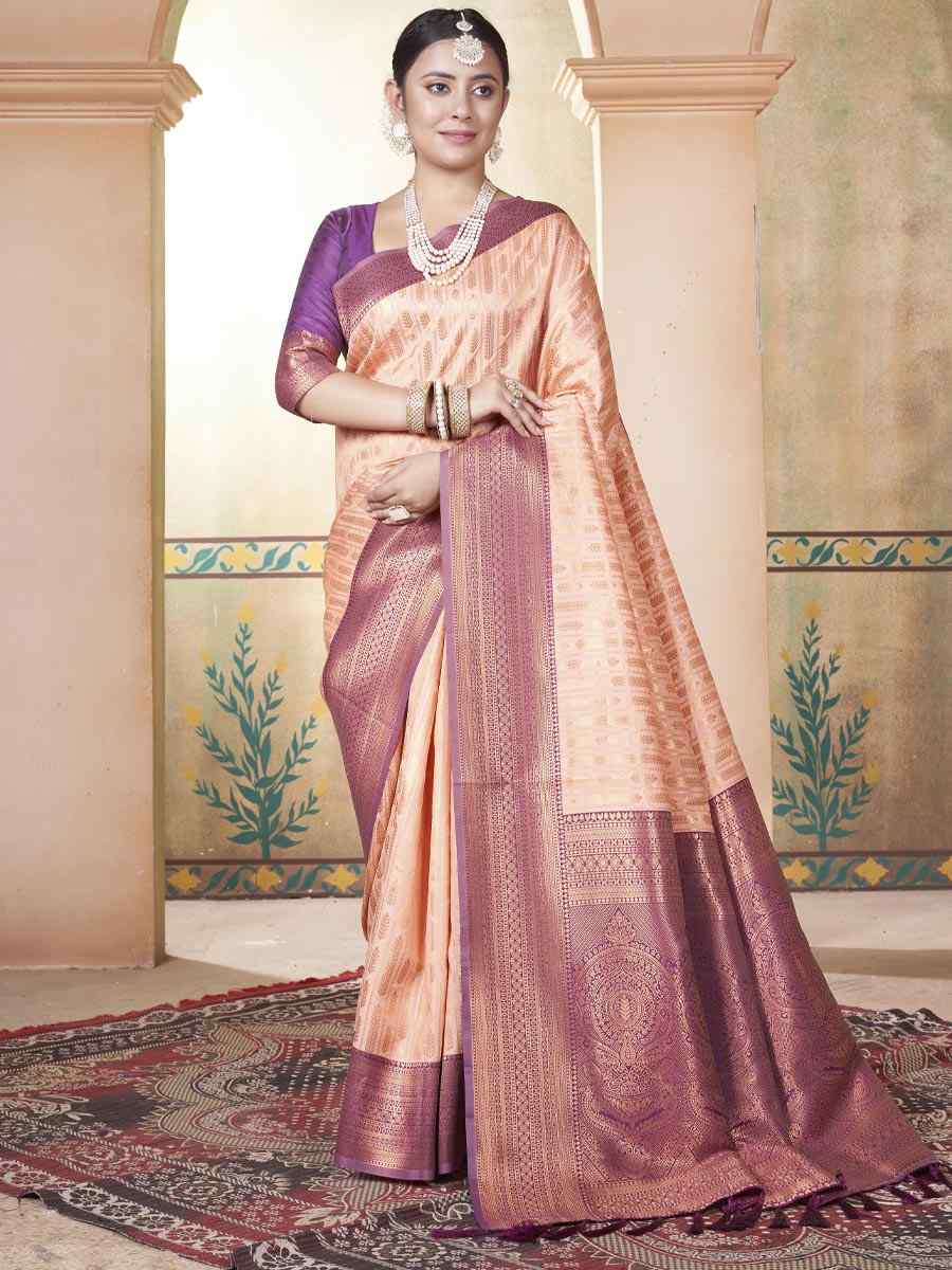 Cream Kanjivaram Silk Handwoven Wedding Festival Heavy Border Saree