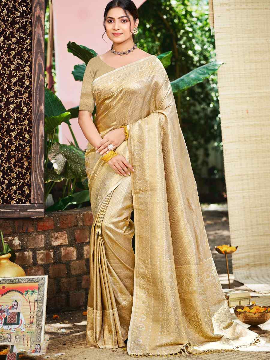 Cream Kanjivaram Soft Silk Handwoven Traditional Bridal Reception Festival Wedding Fancy Heavy Border Saree