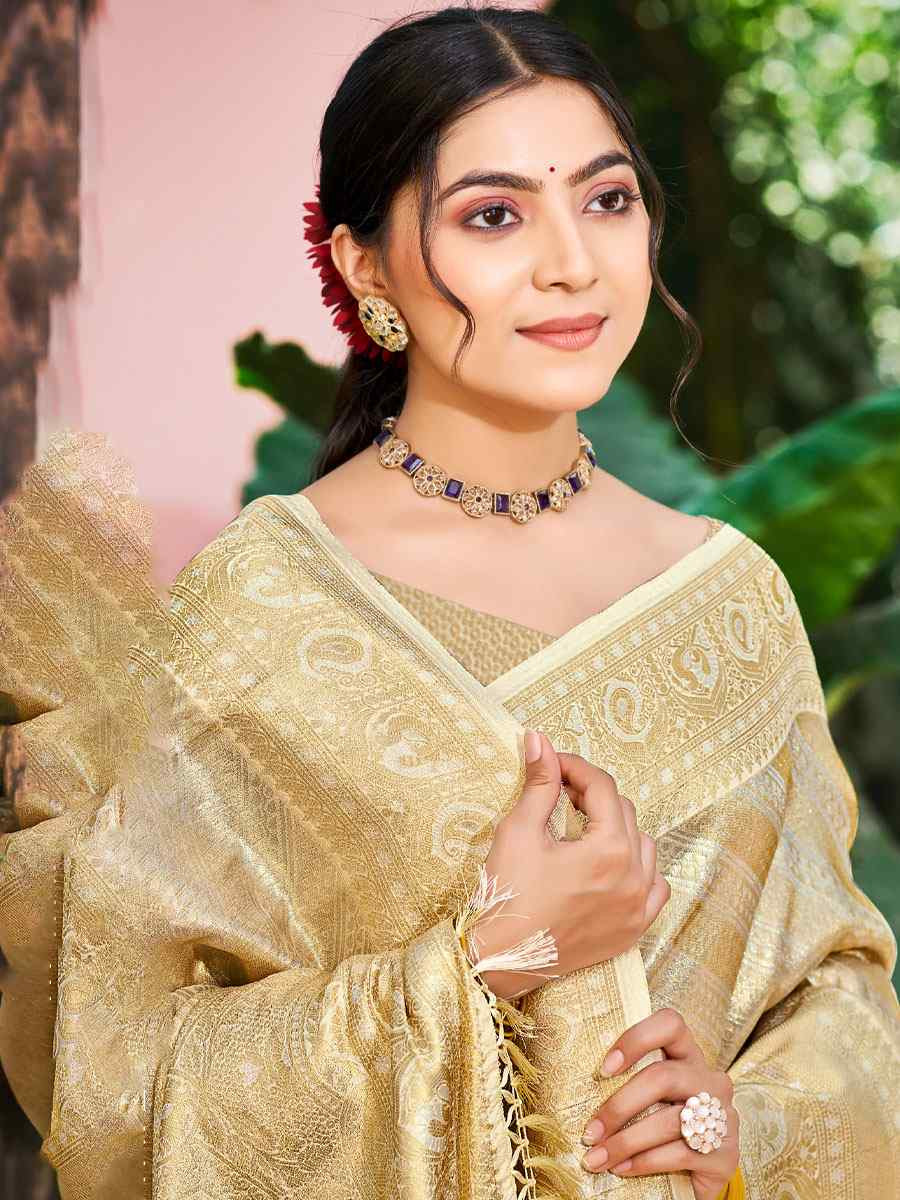 Cream Kanjivaram Soft Silk Handwoven Traditional Bridal Reception Festival Wedding Fancy Heavy Border Saree