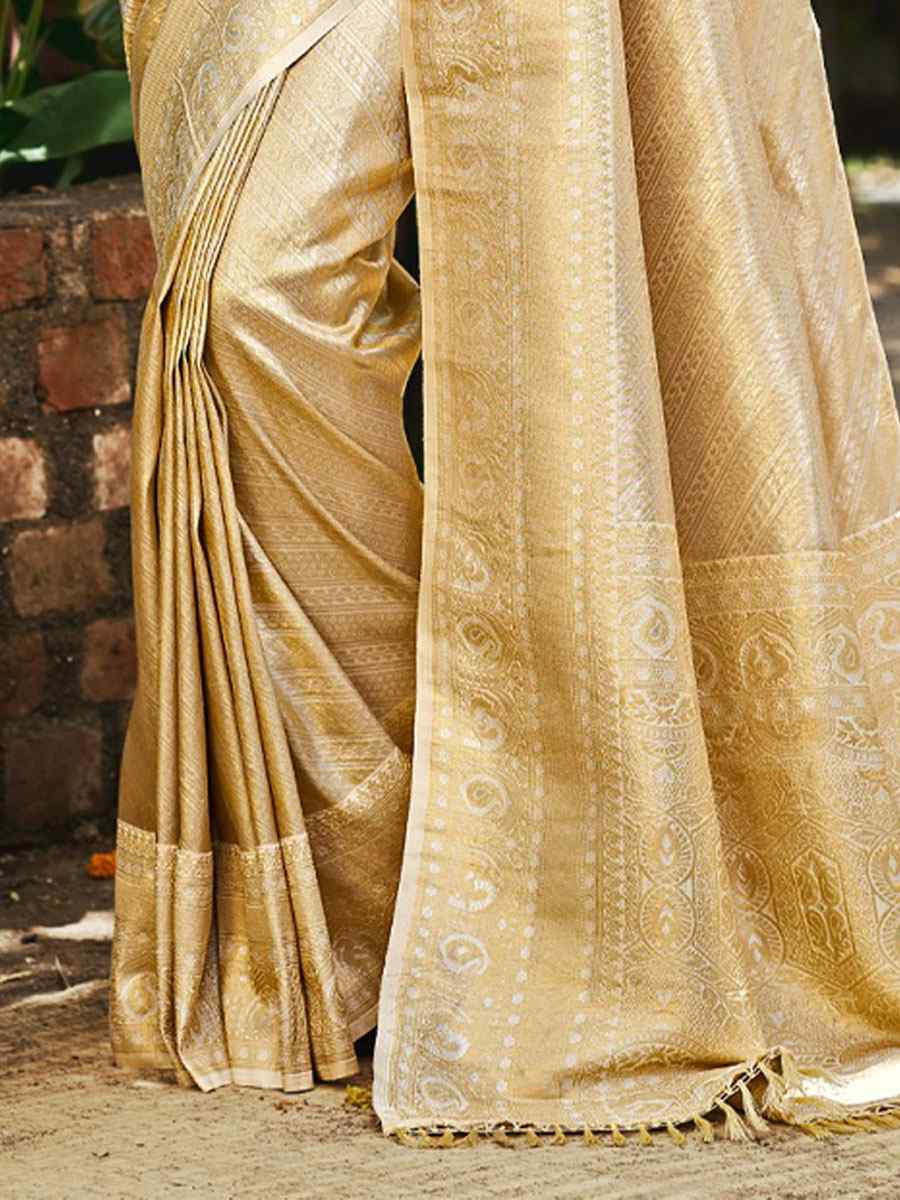 Cream Kanjivaram Soft Silk Handwoven Traditional Bridal Reception Festival Wedding Fancy Heavy Border Saree