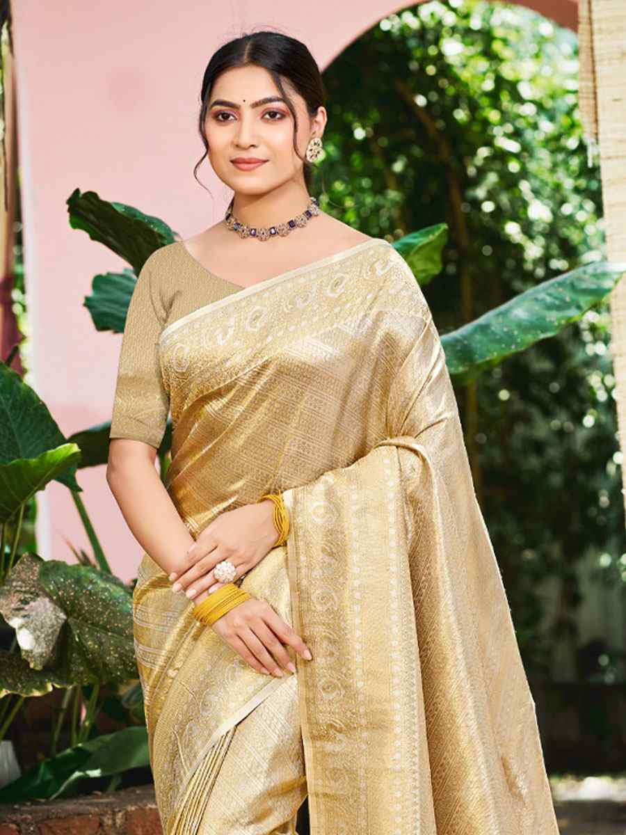 Cream Kanjivaram Soft Silk Handwoven Traditional Bridal Reception Festival Wedding Fancy Heavy Border Saree