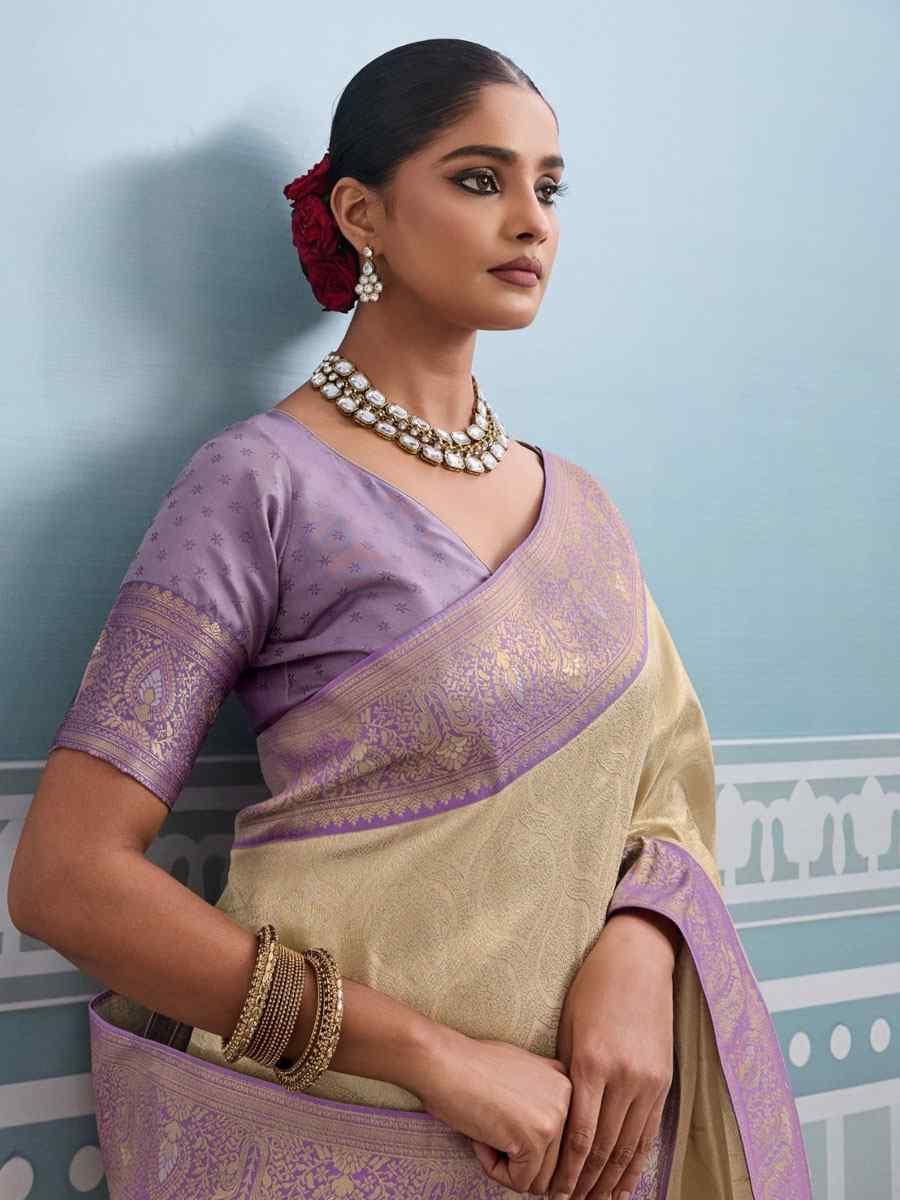 Cream Kanjivaram Soft Silk Kanjivaram Traditional Casual Reception Festival Wedding Fancy Heavy Border Saree