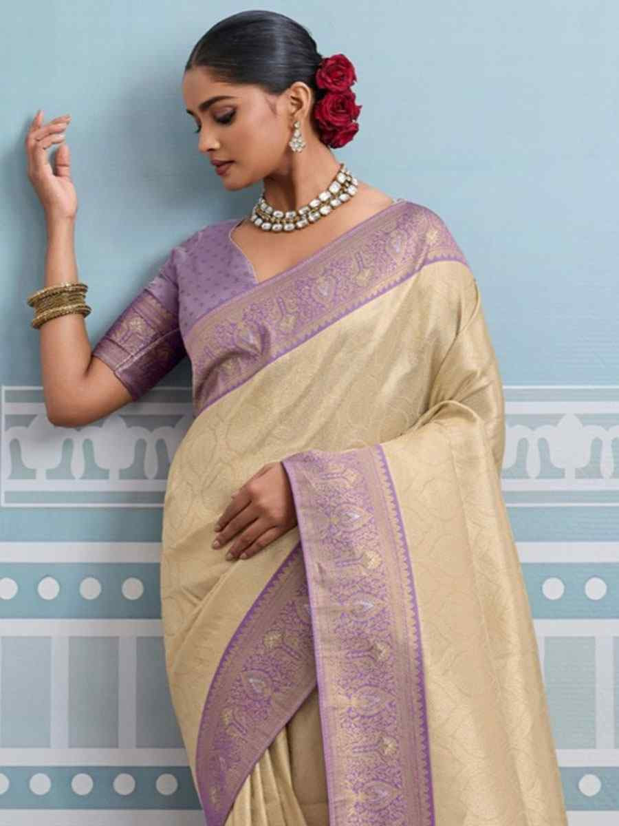 Cream Kanjivaram Soft Silk Kanjivaram Traditional Casual Reception Festival Wedding Fancy Heavy Border Saree