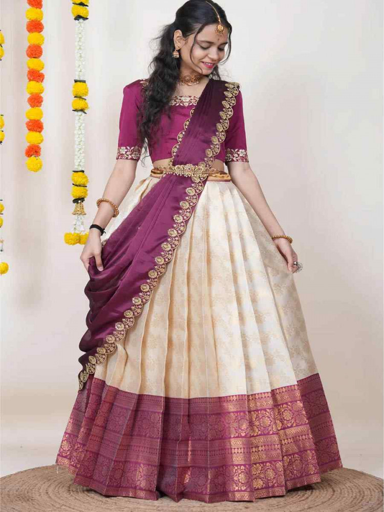 Image of Cream Kanjiveram Silk Handwoven Bridal Festival Reception Wedding Traditional Heavy Border Lehenga Choli