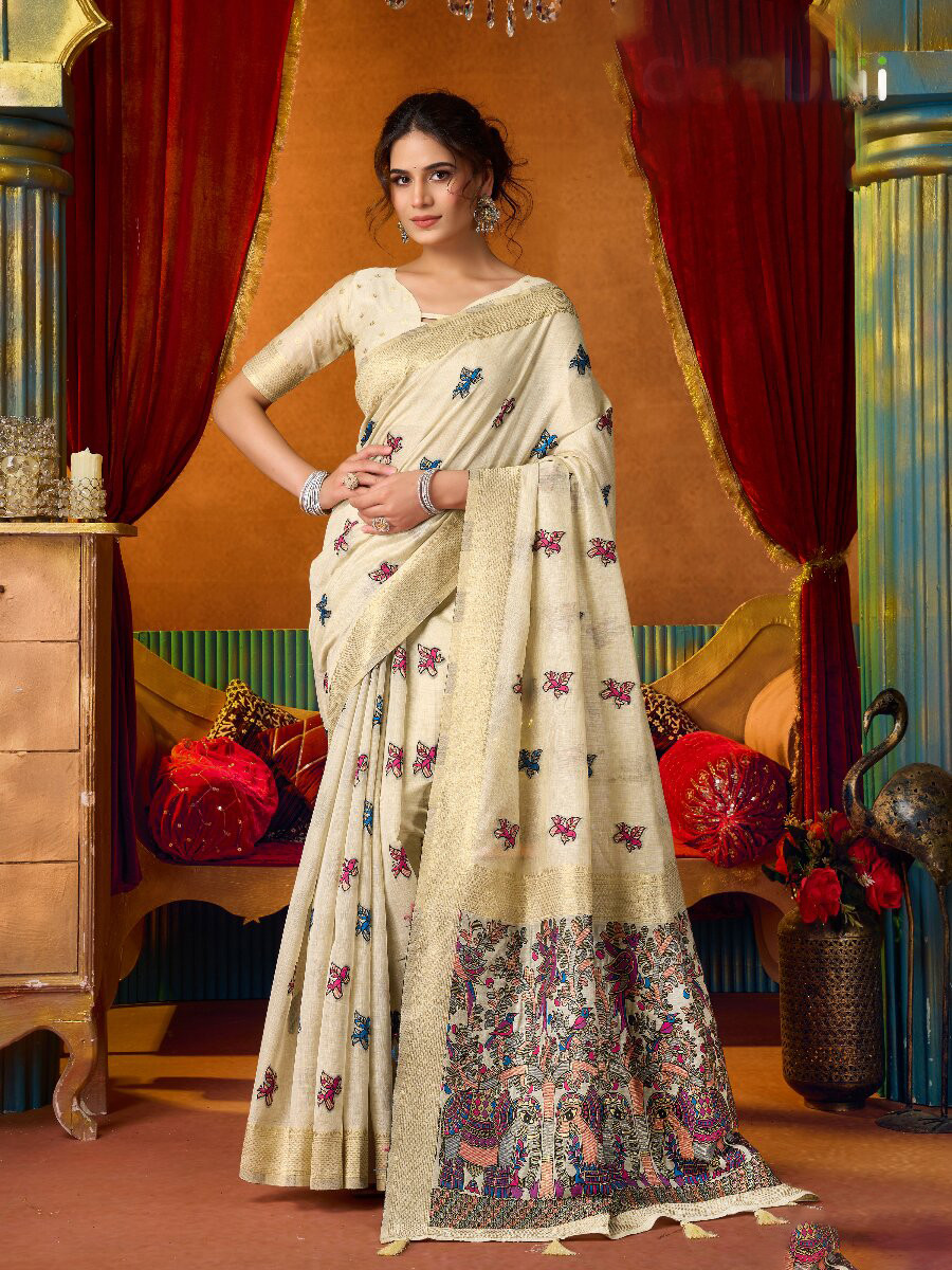 Cream Khadi Cotton Katha Work Modal Wedding Reception Party Festival Casual Heavy Border Sarees