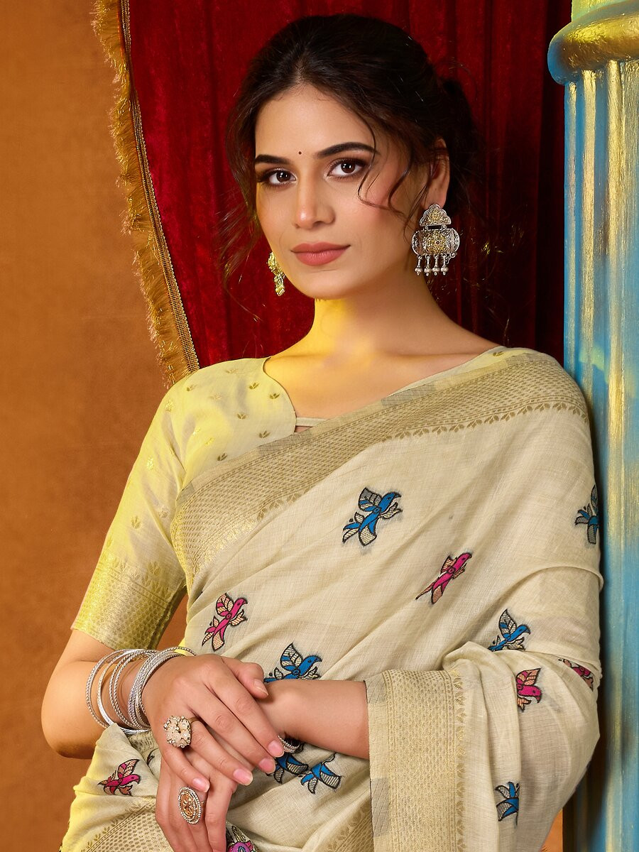Cream Khadi Cotton Katha Work Modal Wedding Reception Party Festival Casual Heavy Border Sarees