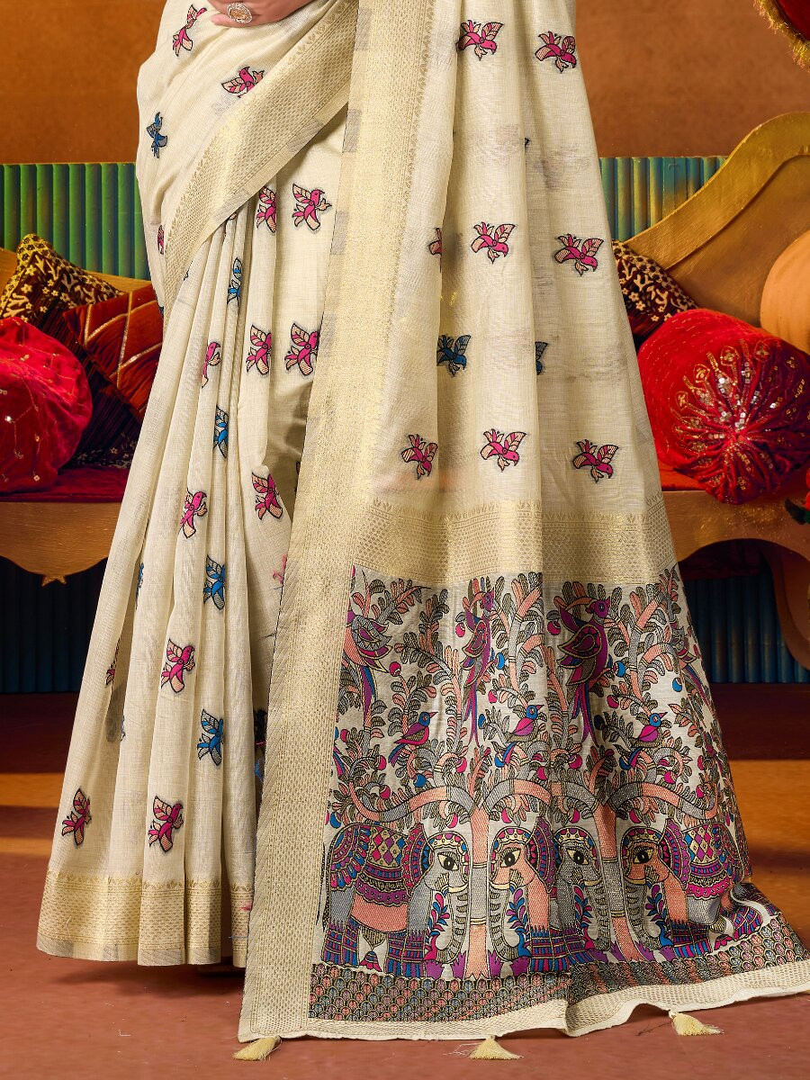 Cream Khadi Cotton Katha Work Modal Wedding Reception Party Festival Casual Heavy Border Sarees