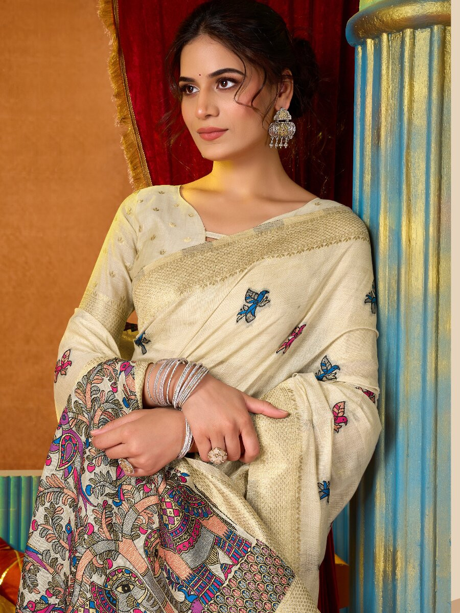 Cream Khadi Cotton Katha Work Modal Wedding Reception Party Festival Casual Heavy Border Sarees