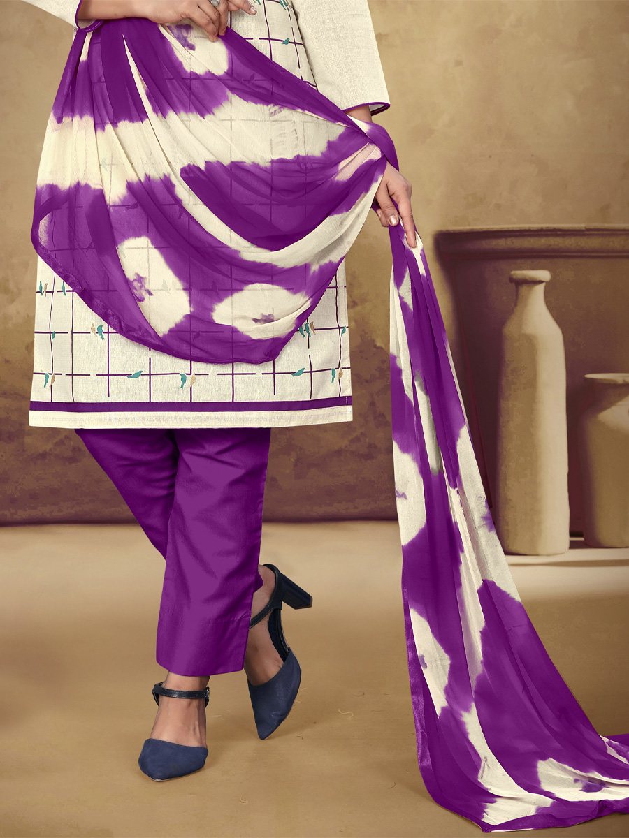 Cream Khadi Cotton Printed Casual Festival Pant Salwar Kameez