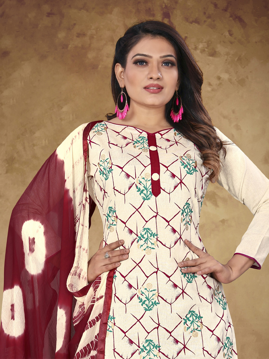Cream Khadi Cotton Printed Casual Festival Pant Salwar Kameez