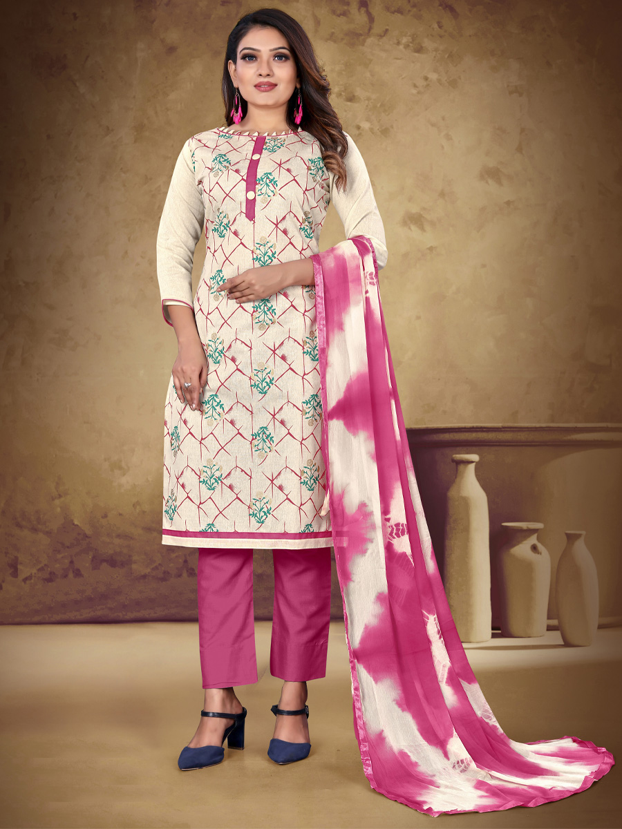 Cream Khadi Cotton Printed Casual Festival Pant Salwar Kameez