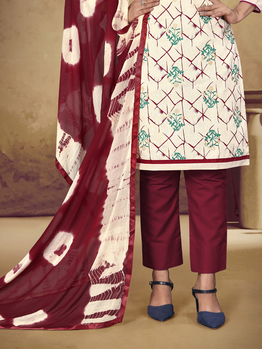 Cream Khadi Cotton Printed Casual Festival Pant Salwar Kameez